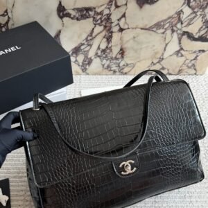 Crocodile-Embossed Flap Shoulder Bag