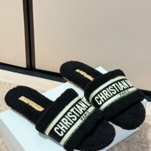 Christian Dior Dway Shearling Flat Slide Sandals.