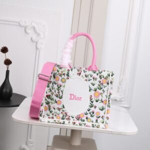 Dior Book Tote with Strap in White Multicolor Daisy Garden Embroidery.