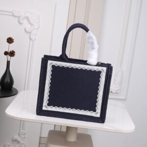 Dior Book Tote with Strap featuring Blue Dior Oblique Embroidery, White Lace, and the iconic Dior Médaillon.