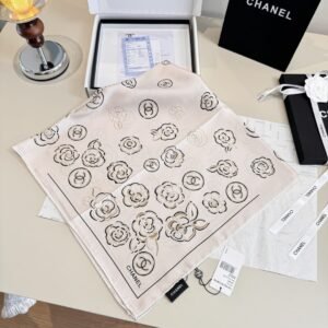 Chanel Camellia & CC Logo Silk Scarf